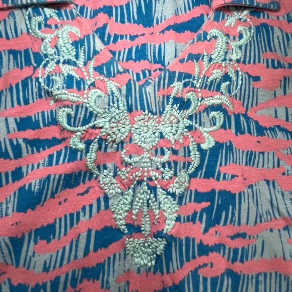 Kate Landry Casuals Women's Sm Pink Blue Floral Embroidered Collared Patio Dress - Picture 12 of 14